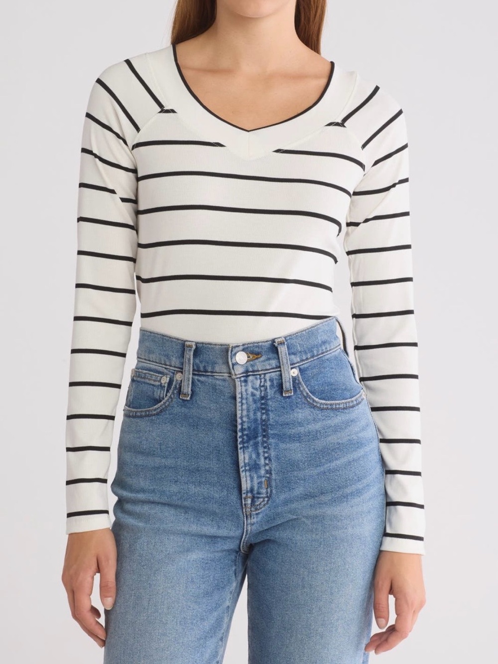 Sanctuary Off White with Black StripesV-Neck Long-Sleeve Ribbed Knit Shirt